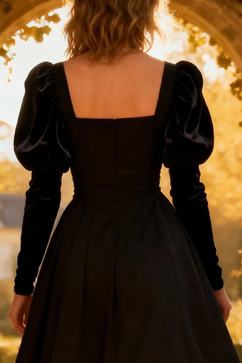 Load image into Gallery viewer, Square Necks A-Line Little Black Dress with Sleeves