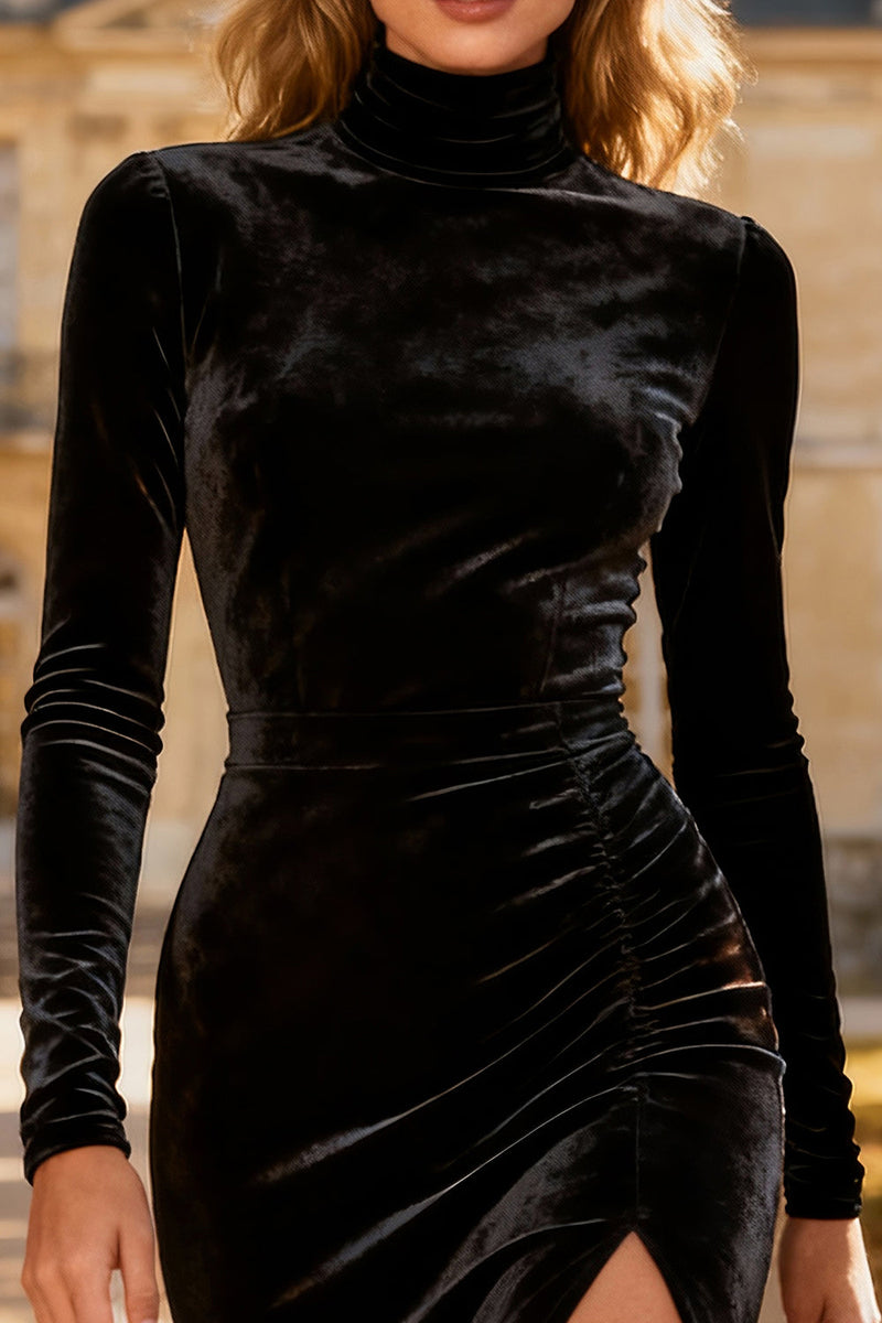 Load image into Gallery viewer, Black Velvet High Neck Midi Bodycon Holiday Party Dress with Slit