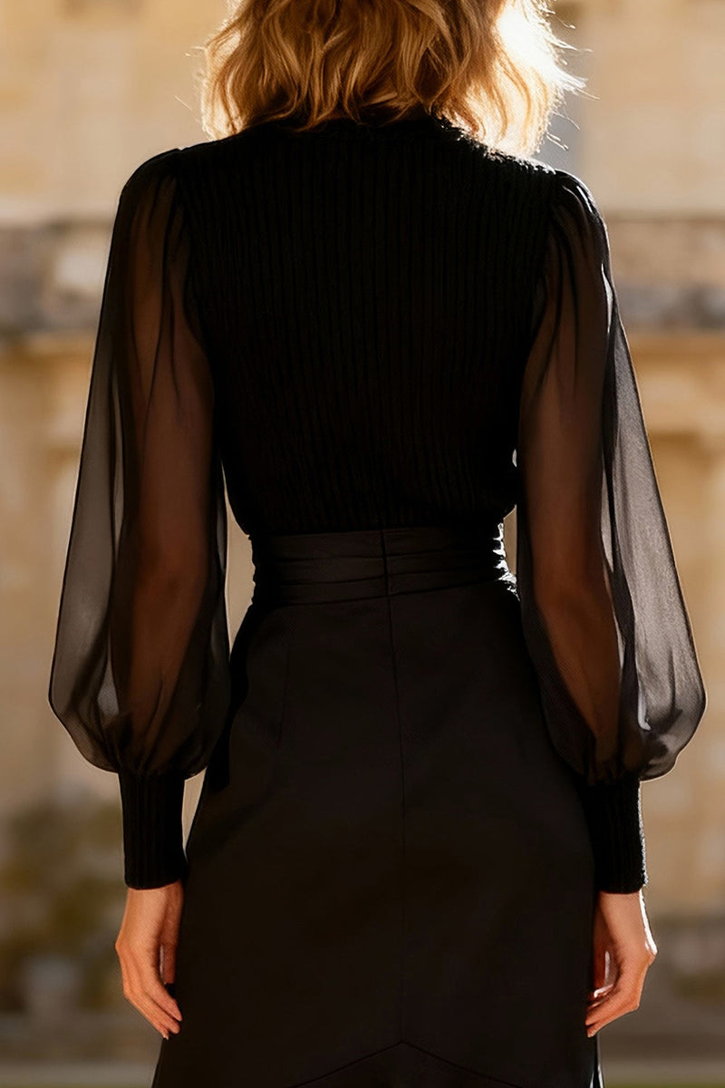 Load image into Gallery viewer, High Neck Ruffled Little Black Dress with Sleeves