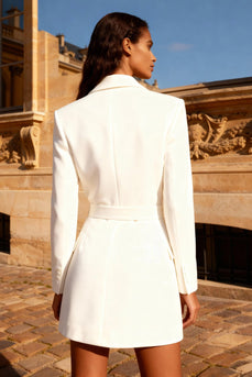White Double Breasted Peak Lapel Short Work Dress with Belt