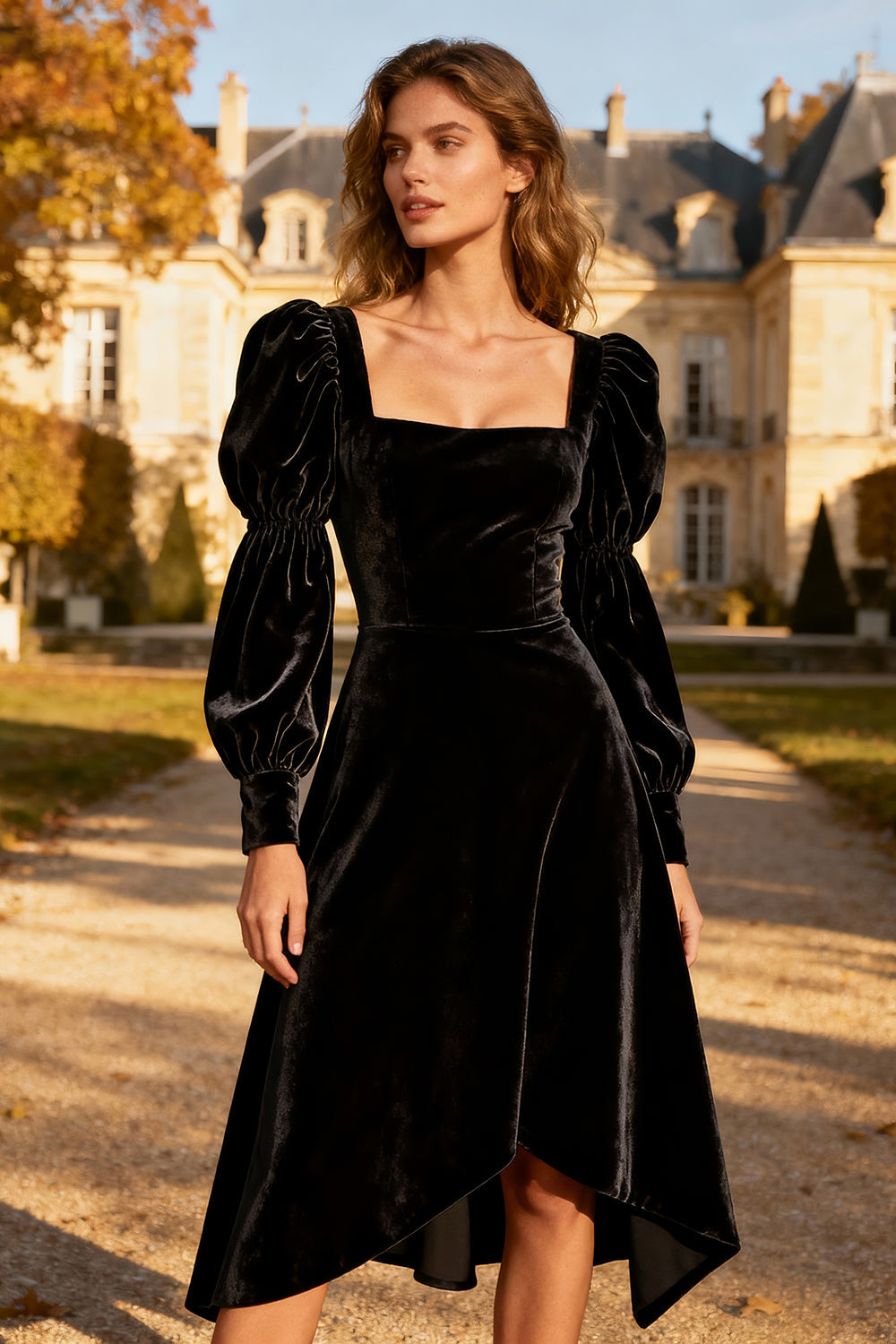 Black Velvet Square Neck Midi Holiday Party Dress with Sleeves