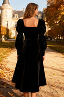 Load image into Gallery viewer, Black Velvet Square Neck Midi Holiday Party Dress with Sleeves