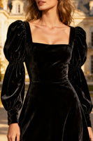 Load image into Gallery viewer, Black Velvet Square Neck Midi Holiday Party Dress with Sleeves