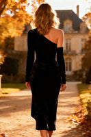 Load image into Gallery viewer, Black Velvet One Shoulder Midi Holiday Party Dress with Slit