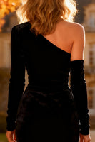 Load image into Gallery viewer, Black Velvet One Shoulder Midi Holiday Party Dress with Slit