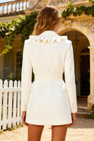 Load image into Gallery viewer, White Ruffled Shawl Lapel Short Work Dress with Belt