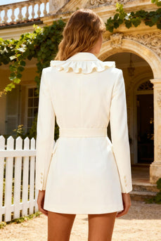 White Ruffled Shawl Lapel Short Work Dress with Belt