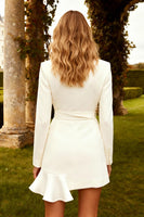 Load image into Gallery viewer, White Notched Lapel Ruffled Short Work Dress with Sash