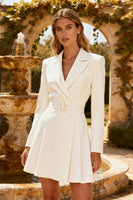 Load image into Gallery viewer, White Ruched Peak Lapel Short Work Dress with Belt