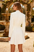 Load image into Gallery viewer, White Ruched Peak Lapel Short Work Dress with Belt