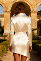 Load image into Gallery viewer, White Peak Lapel Satin Short Work Dress with Button