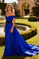 Load image into Gallery viewer, Royal Blue A Line Off the Shoulder Long Prom Dress with Bow