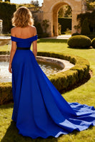 Load image into Gallery viewer, Royal Blue A Line Off the Shoulder Long Prom Dress with Bow