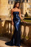 Load image into Gallery viewer, Sparkly Navy Sequin Mermaid Strapless Long Prom Dress