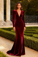 Load image into Gallery viewer, Burgundy Velvet Mermaid V Neck Long Prom Dress