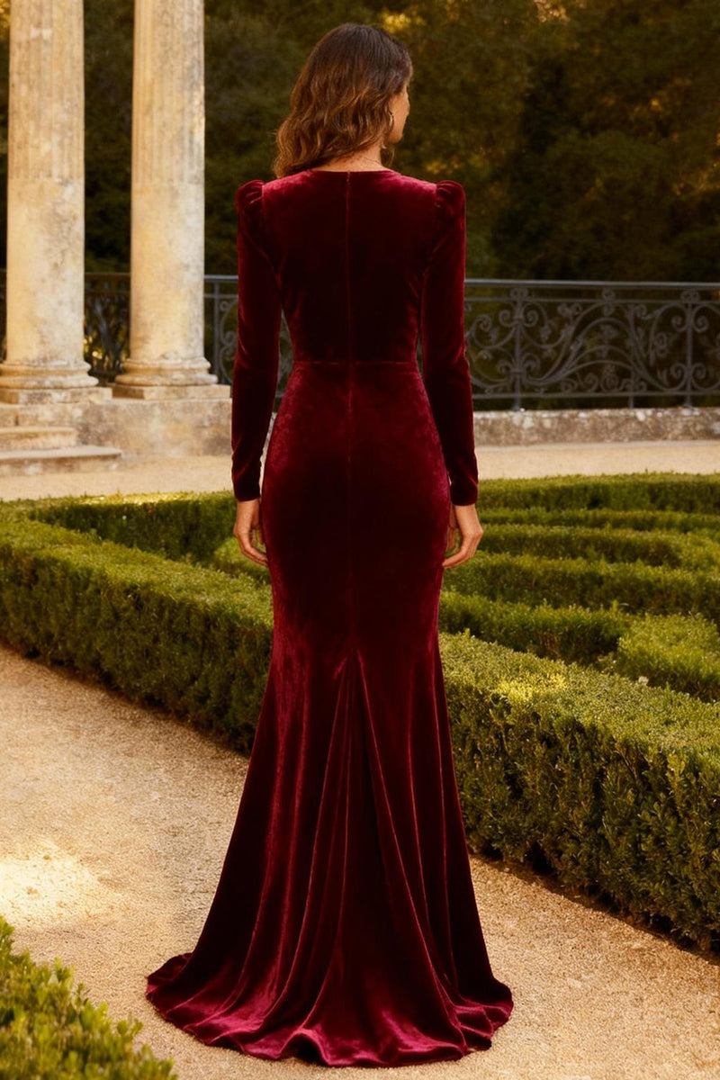 Load image into Gallery viewer, Burgundy Velvet Mermaid V Neck Long Prom Dress