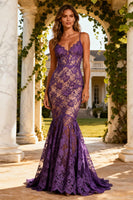 Load image into Gallery viewer, Purple Spaghetti Straps Mermaid Long Lace Prom Dress