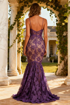 Purple Spaghetti Straps Mermaid Long Lace Prom Dress