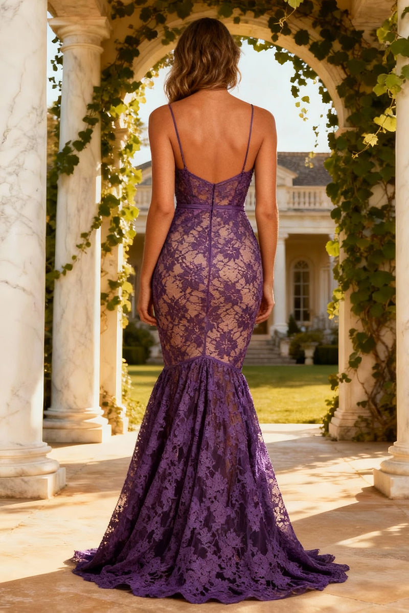 Load image into Gallery viewer, Purple Spaghetti Straps Mermaid Long Lace Prom Dress
