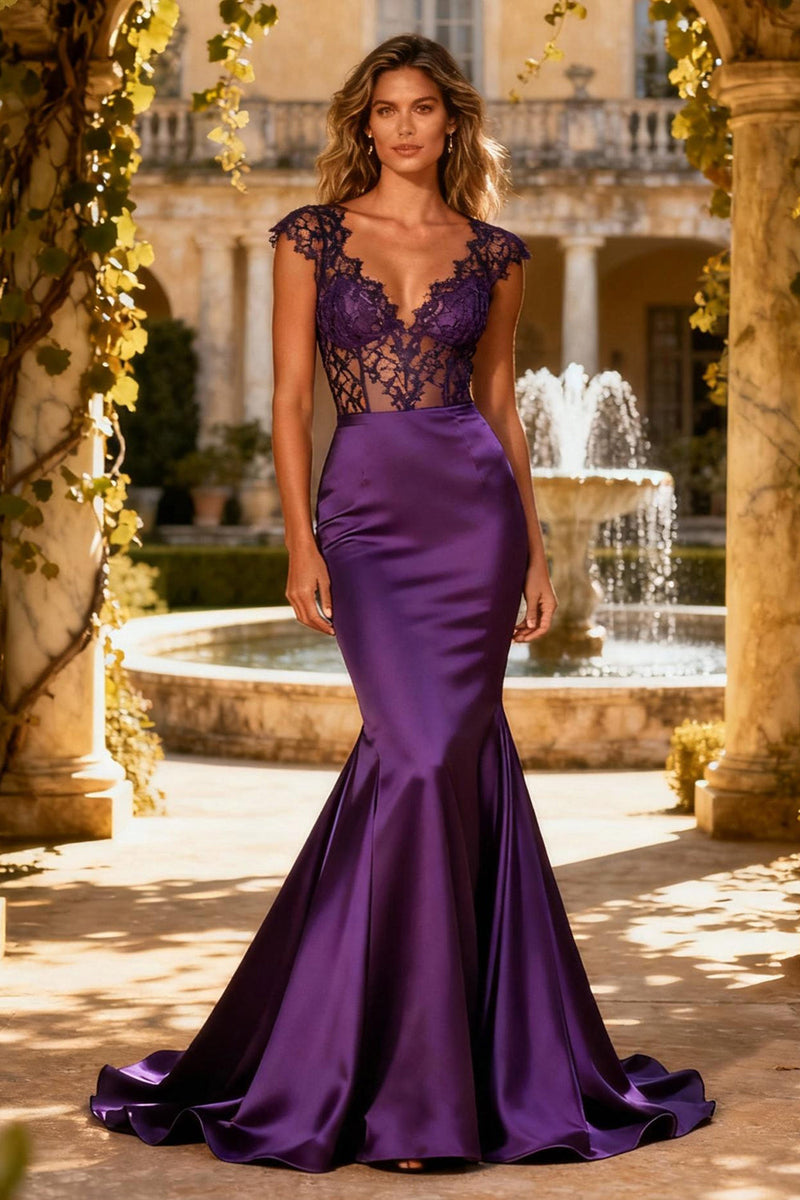 Load image into Gallery viewer, Purple Mermaid V Neck Corset Long Prom Dress