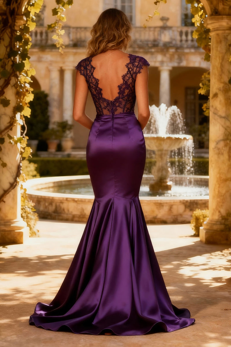 Load image into Gallery viewer, Purple Mermaid V Neck Corset Long Prom Dress