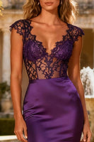 Load image into Gallery viewer, Purple Mermaid V Neck Corset Long Prom Dress
