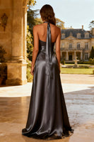 Load image into Gallery viewer, Steel Grey Satin A Line Halter Long Formal Dress with Sash
