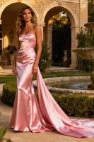 Load image into Gallery viewer, Pink Mermaid Strapless Long Satin Prom Dress with Side Cape