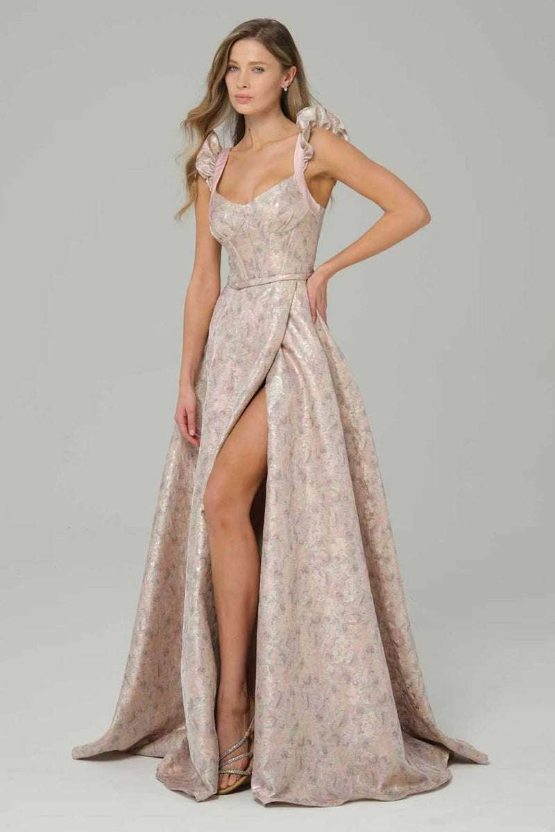 Load image into Gallery viewer, Pink Floral Ruffled A Line Long Corset Prom Dress with Slit