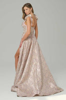 Load image into Gallery viewer, Pink Floral Ruffled A Line Long Corset Prom Dress with Slit