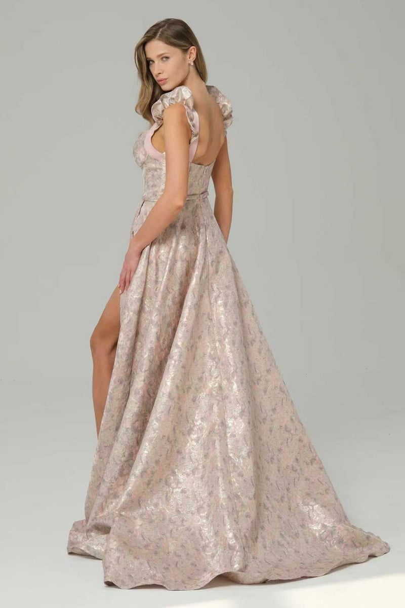 Load image into Gallery viewer, Pink Floral Ruffled A Line Long Corset Prom Dress with Slit