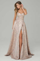 Load image into Gallery viewer, Pink Floral Ruffled A Line Long Corset Prom Dress with Slit