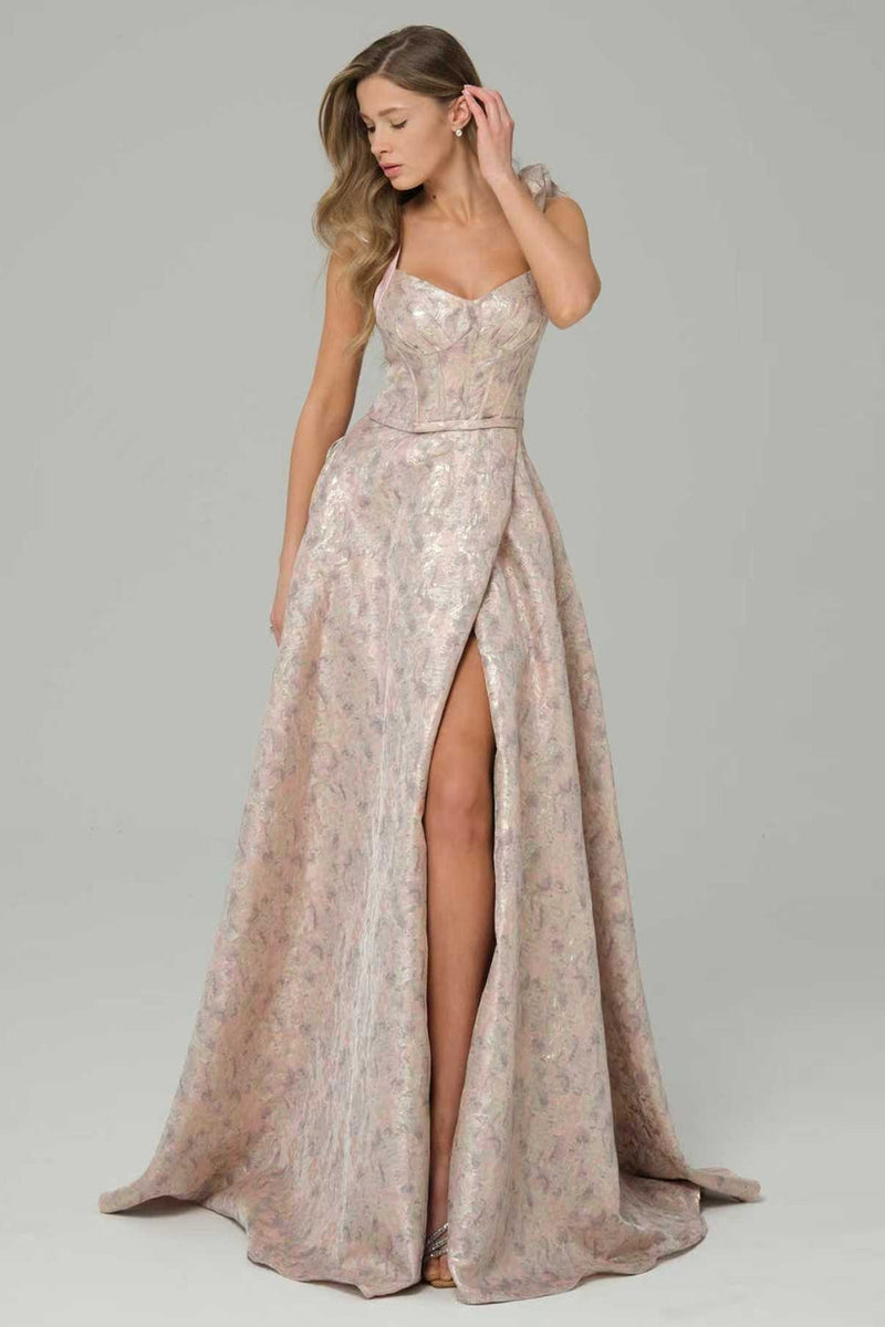 Load image into Gallery viewer, Pink Floral Ruffled A Line Long Corset Prom Dress with Slit