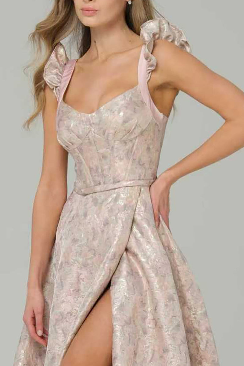 Load image into Gallery viewer, Pink Floral Ruffled A Line Long Corset Prom Dress with Slit