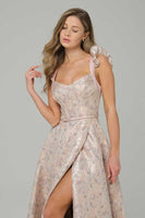 Load image into Gallery viewer, Pink Floral Ruffled A Line Long Corset Prom Dress with Slit