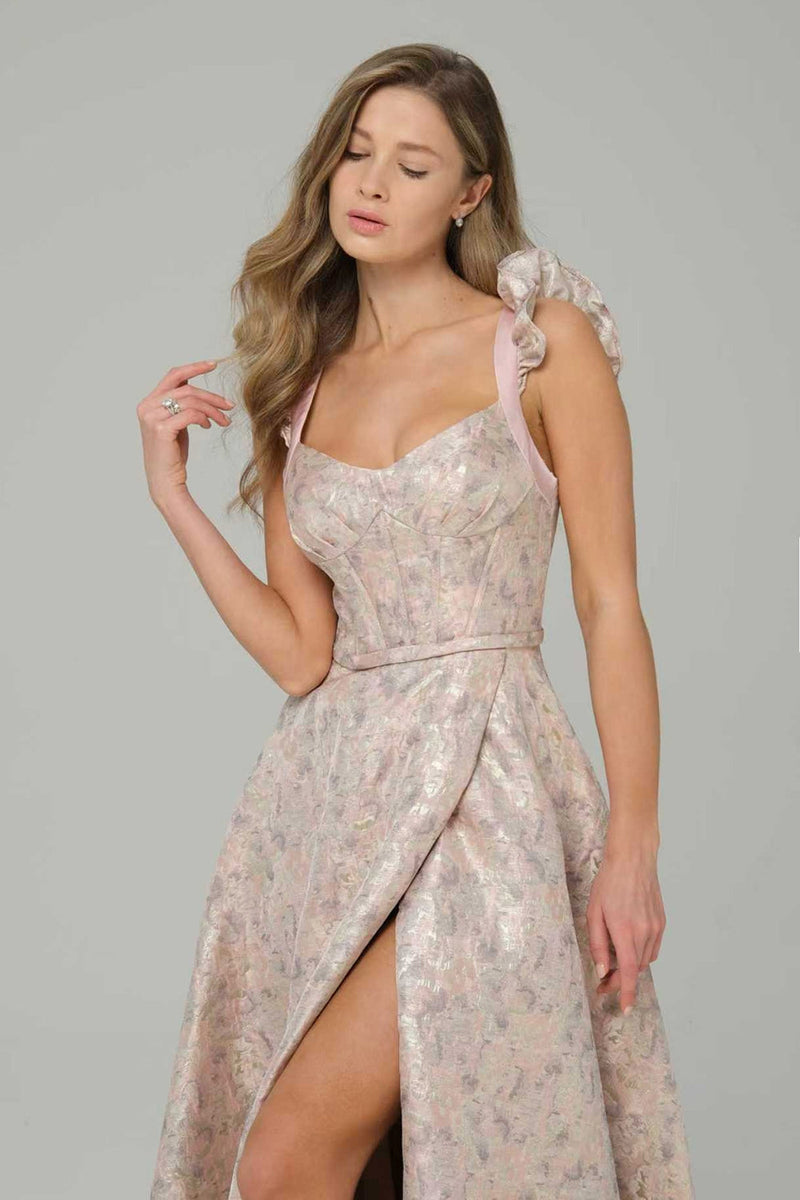 Load image into Gallery viewer, Pink Floral Ruffled A Line Long Corset Prom Dress with Slit