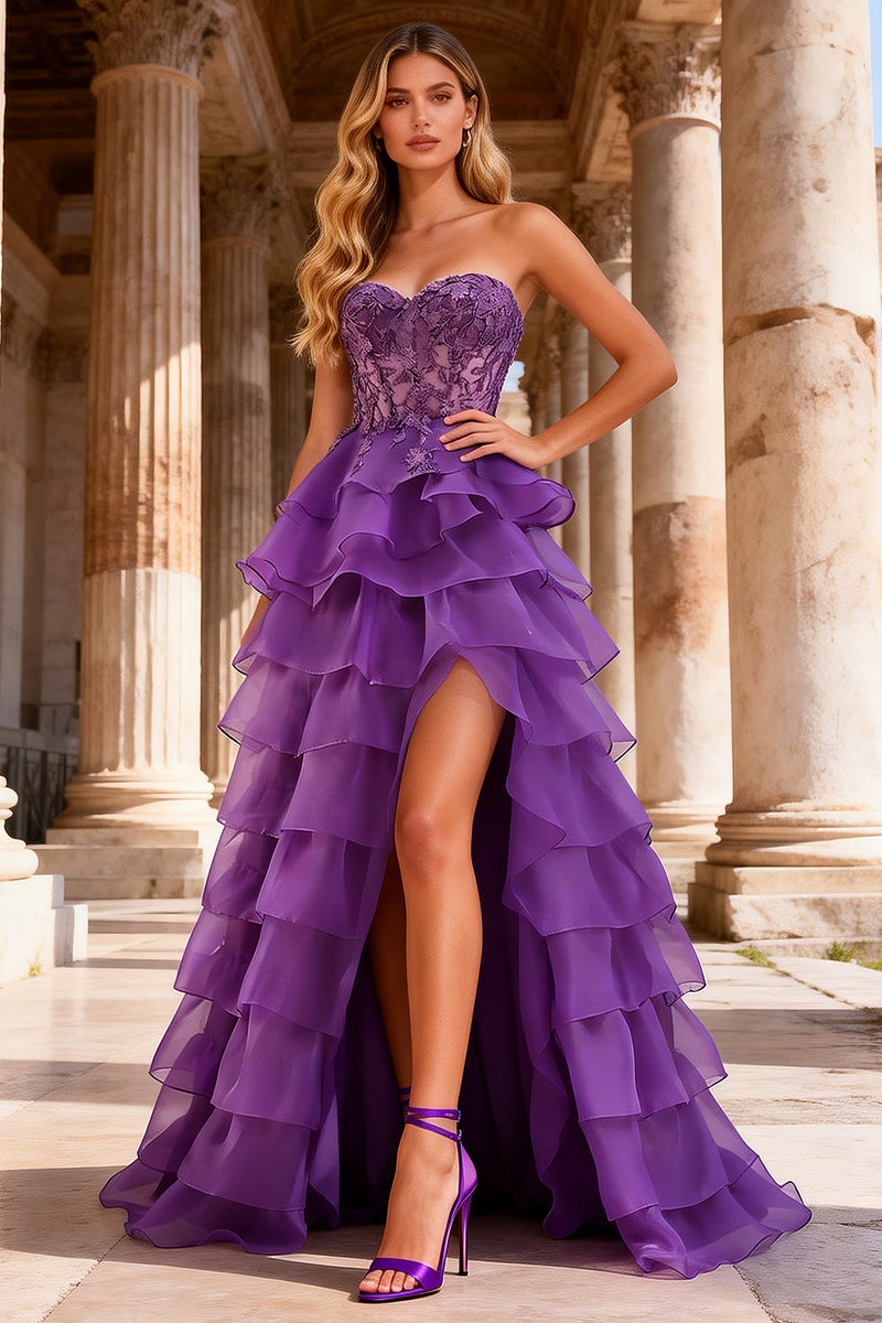 Load image into Gallery viewer, Purple Sweetheart A Line Ruffled Corset Long Prom Dress with Lace