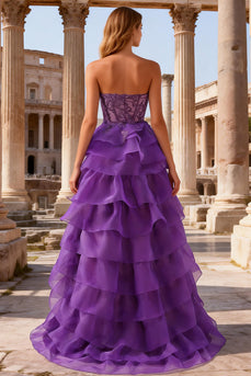 Purple Sweetheart A Line Ruffled Corset Long Prom Dress with Lace