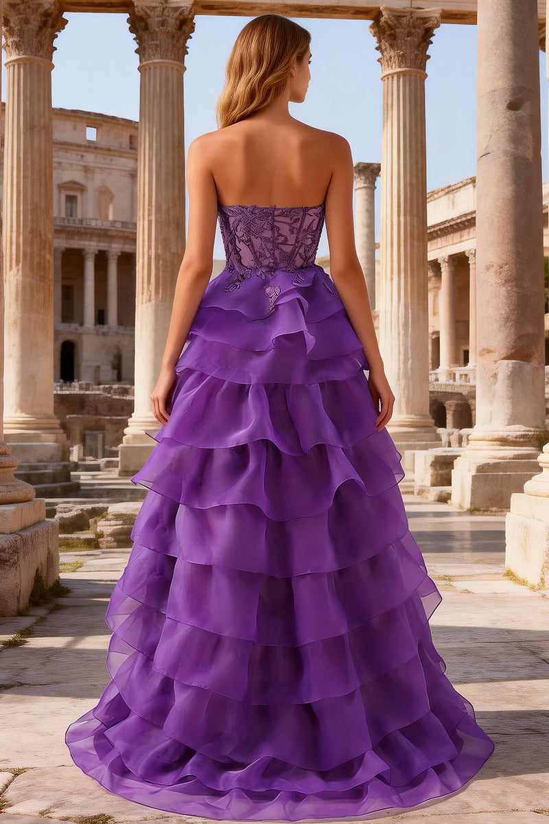 Load image into Gallery viewer, Purple Sweetheart A Line Ruffled Corset Long Prom Dress with Lace