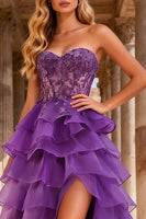 Load image into Gallery viewer, Purple Sweetheart A Line Ruffled Corset Long Prom Dress with Lace