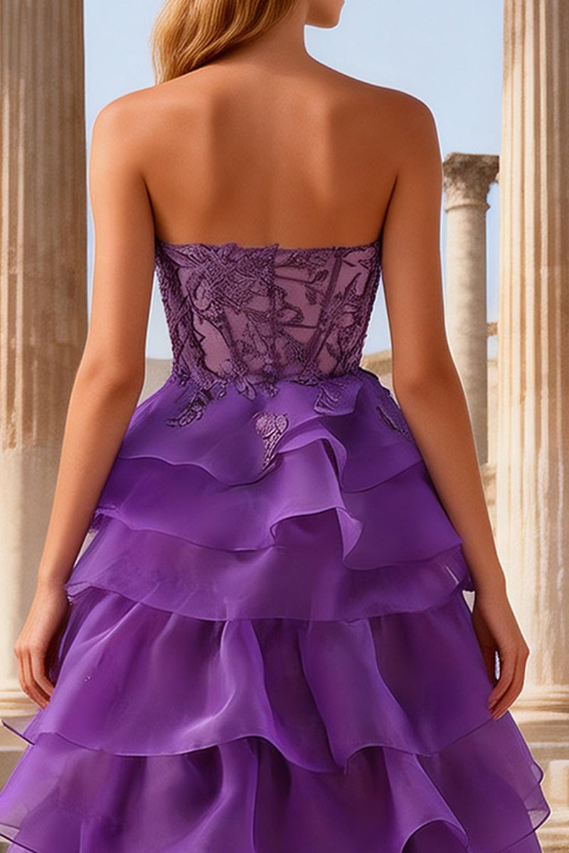 Load image into Gallery viewer, Purple Sweetheart A Line Ruffled Corset Long Prom Dress with Lace