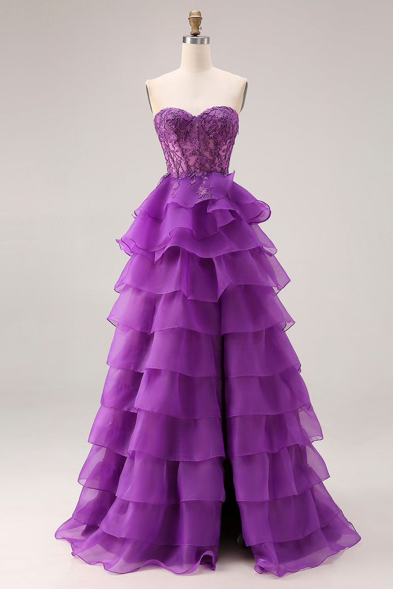 Load image into Gallery viewer, Purple Sweetheart A Line Ruffled Corset Long Prom Dress with Lace