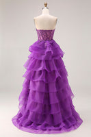 Load image into Gallery viewer, Purple Sweetheart A Line Ruffled Corset Long Prom Dress with Lace