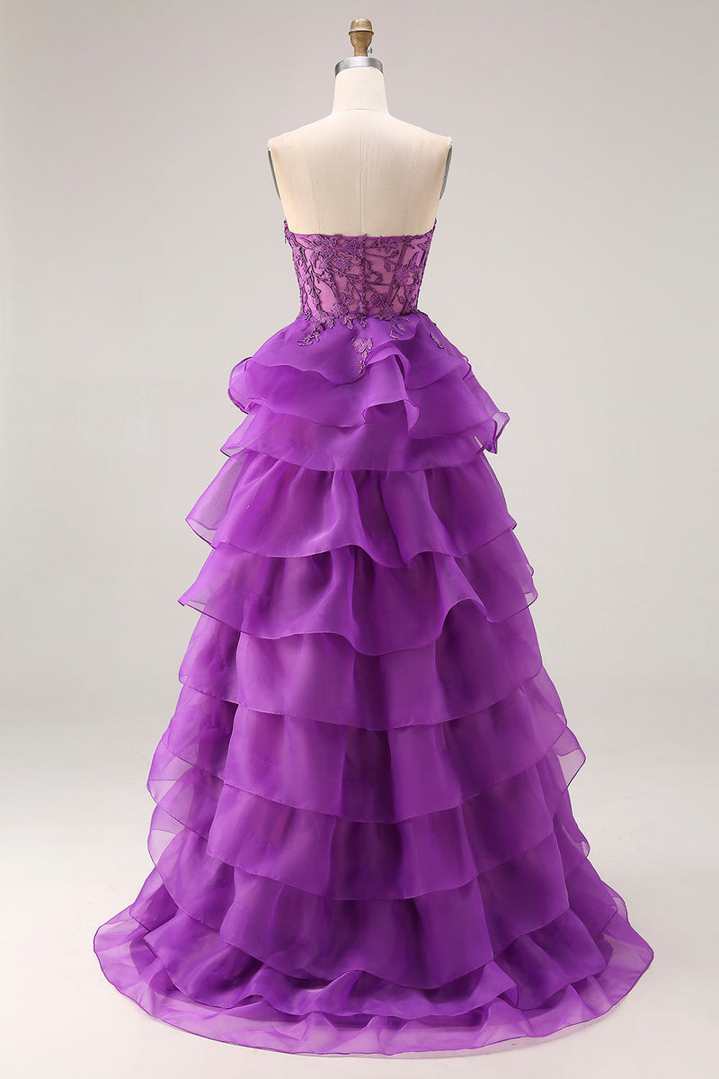 Load image into Gallery viewer, Purple Sweetheart A Line Ruffled Corset Long Prom Dress with Lace