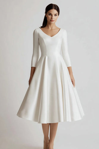 White Satin V-Neck A Line Midi Engagement Dress with Sleeves