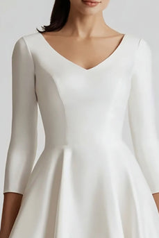 White Satin V-Neck A Line Midi Engagement Dress with Sleeves