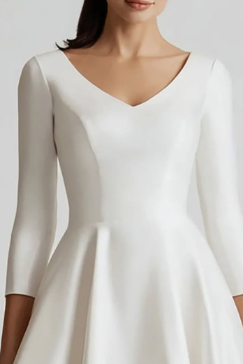White Satin V-Neck A Line Midi Engagement Dress with Sleeves