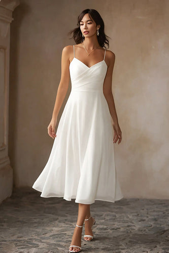 White Chiffon Spaghetti Straps A Line Midi Engagement Dress