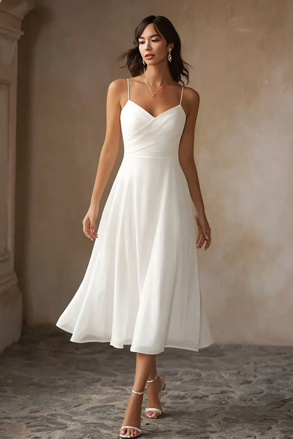 White Chiffon Spaghetti Straps A Line Midi Engagement Dress