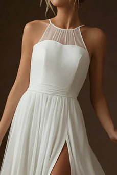 White Halter A Line Chiffon Long Rehearsal Dinner Dress with Slit